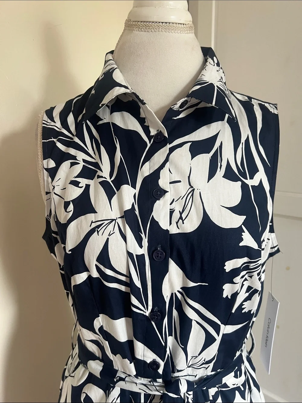 Calvin Klein Navy White Floral Cotton Shirt Dress NWT 12 Sleeveless Midi - Picture 3 of 10
